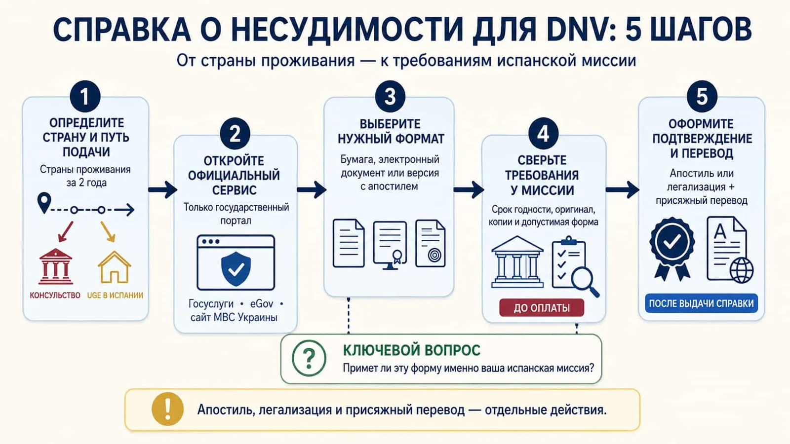 Схема-инфографика из пяти последовательных шагов от определения страны до апостиля и перевода / Схема из пяти шагов получения справки о несудимости для DNV Испании