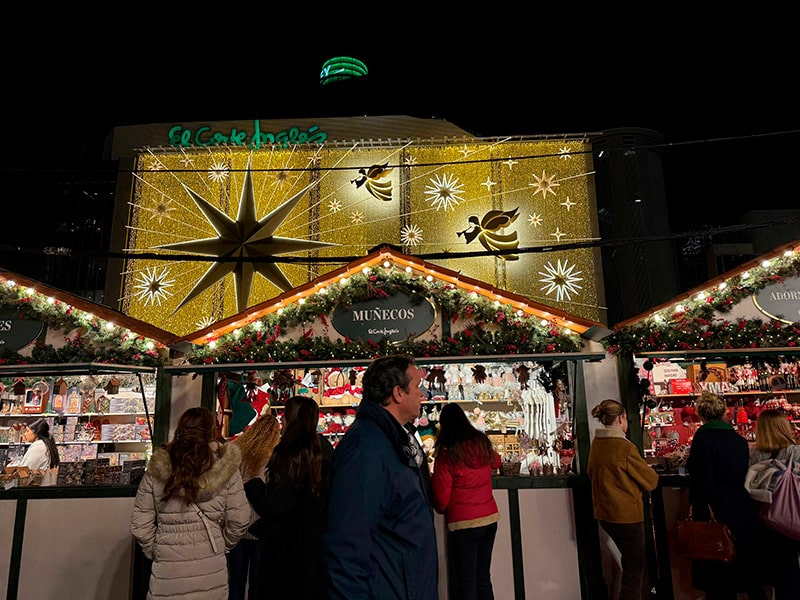 Рождественские домики Mercado de Navidad у El Corte Ingl&eacute;s Castellana в Мадриде на фоне световой фасадной инсталляции с большой звездой и ангелами